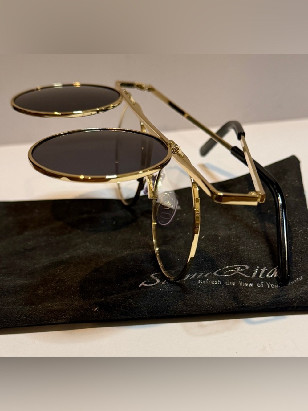Steampunk Flip-Up Round Sunglasses Gold Frame w/Soft Bag - Picture 4 of 7